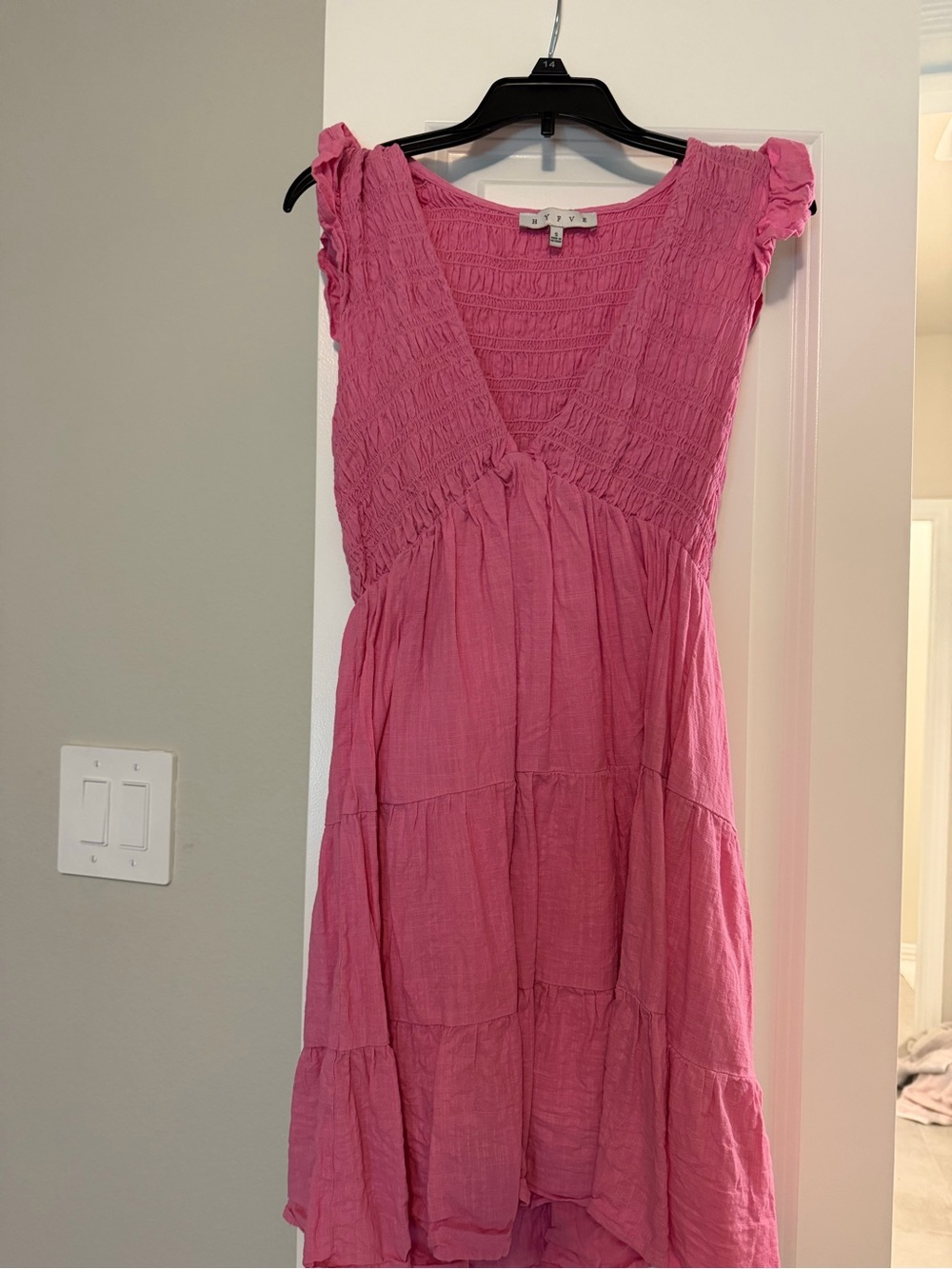 HYFVE Pink Tiered V-Neck Ruffle Sleeve Dress
